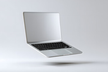 Floating modern laptop with sleek design on a white background, showcasing a minimalist 3D style for technology branding and marketing visuals.