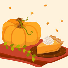 Pumpkin with pie slice and whipped cream on a plate. Cozy autumn atmosphere, harvest mood. For print, seasonal crafts, classroom materials and decor.