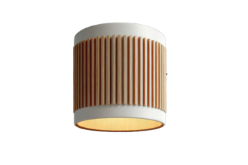 Cylindrical light fixture with light beige wood vertical slats on white inner cylinder