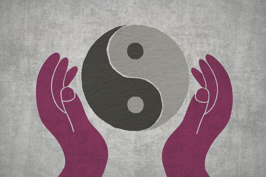 Yin yang harmony held by illustrated hands - Powered by Adobe