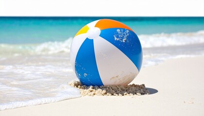 Obraz premium Colorful beach ball partially buried in the sand with the turquoise ocean and gentle waves creating a beautiful, bright, and inviting tropical summer scene.