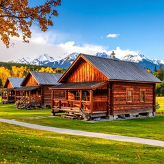 Fototapeta premium Autumn cabins nestled in mountains