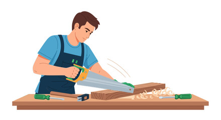 Focused craftsman sawing wood with hand saw at workbench illustration