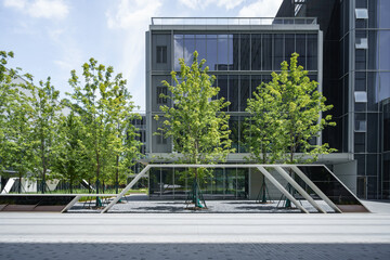 empty brick ground with modern building