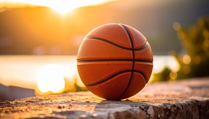 A vibrant basketball resting on a stone ledge basks in the warm golden light of sunset, offering a serene and inspirational scene of sports and nature blending together.