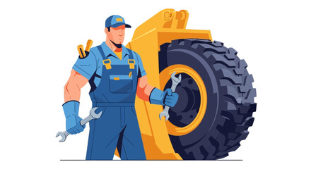 Fototapeta premium Illustrated Mechanic Standing Next to Bulldozer Tire Holding Two Wrenches