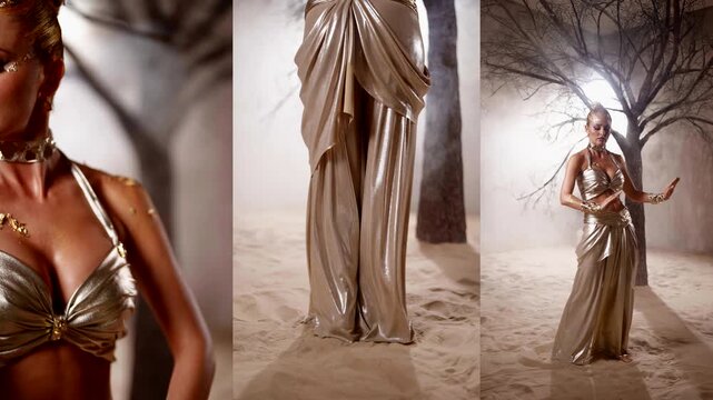 Sensual hand and shoulder work. Three-dimensional light, shimmering golden details of the costume, expressive dance plastic.