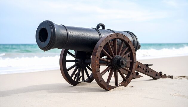 Antique black cannon with rusted wooden wheels rests peacefully on a sandy beach near the ocean, evoking a sense of history, nostalgia, and the meeting of land and sea. - Powered by Adobe