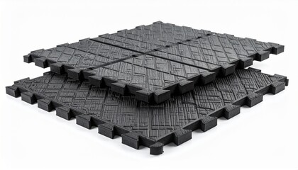 Two black interlocking foam mats on a white surface, providing safety, cushion, and a puzzle-like interlocking design for various flooring needs and activities.
