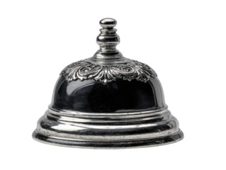 Ornate, polished, silver-plated bell with dark center