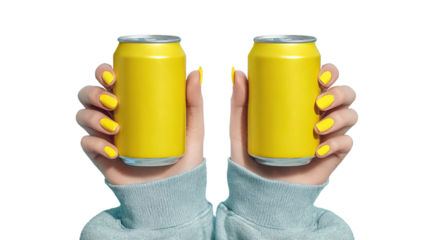 Two yellow soda cans held in hands with matching nail polish, on a black background