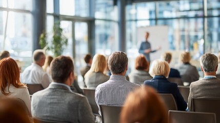 Obraz premium Corporate Conference Audience Listening to Presentation in Modern Hall with Large Windows and City Views