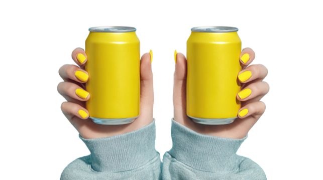 Two yellow soda cans held in hands with matching nail polish, on a black background
