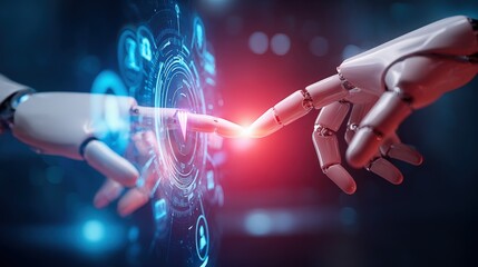 Artificial Intelligence Concept: Robot Hands Touching with Futuristic Interface, Illustrating Technology and Connection