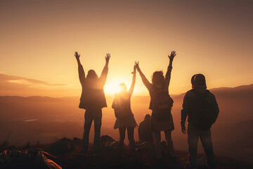 Fototapeta premium People celebrating sunset on mountaintop with arms raised during golden hour in a scenic landscape