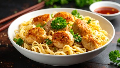 A savory bowl of Asian-style chicken meatballs served over egg noodles, garnished with fresh parsley and chili sauce.