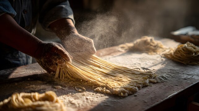 Making fresh pasta homemade italian spaghetti noodles dough flour culinary tradition cooking process - Powered by Adobe