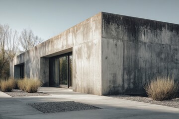 Fototapeta premium Modern Concrete House Exterior with Minimalist Landscaping