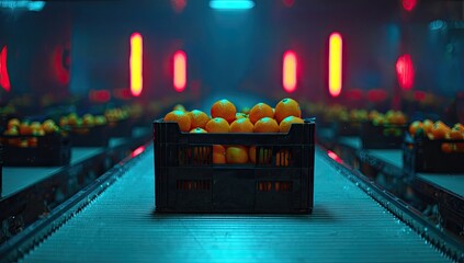 Orange crates on a conveyor belt in a processing facility