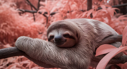 Fototapeta premium Peaceful Sloth Resting on Branch with Dreamy Pink Foliage Background
