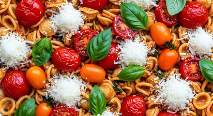 Orecchiette Pasta with Roasted Tomatoes, Basil, and Parmesan Cheese, Top-Down View
