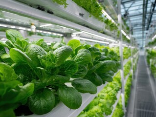 Greenhouse Indoor Hydroponic Farm with Fresh Leafy Greens Growing on Vertical Shelves with Bright LED Lights