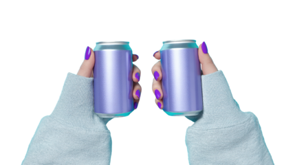 Aesthetic shot of two hands holding aluminum cans against a dark background