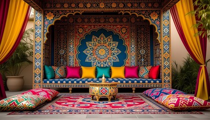Pakistani mehndi stage with truck art backdrop and colorful cushions