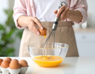 Woman cracking egg into mixing bowl