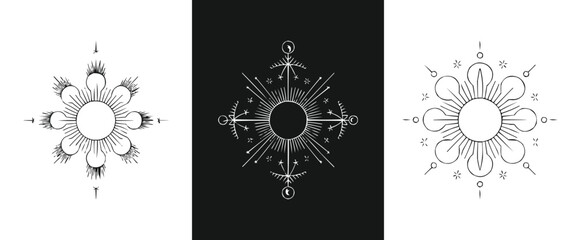 Collection of three abstract celestial starburst and geometric symbols with a grunge texture, isolated on white and black backgrounds