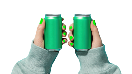 Refreshing celebration: two green cans held up against a stark black background