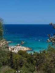 View of Coastal Bay Through Trees &ndash; Turquoise Water, Beach, and Boats