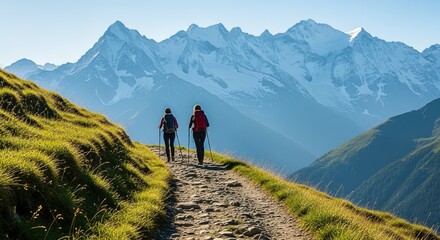 Obraz premium Two Hikers Traverse a Rocky Mountain Trail with Snow-Capped Peaks and Clear Blue Sky in the Distance