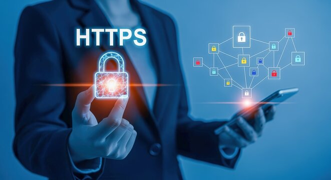 Secure Connection Concept: Woman Holding Digital Padlock Representing HTTPS Protocol for Data Protection Online
