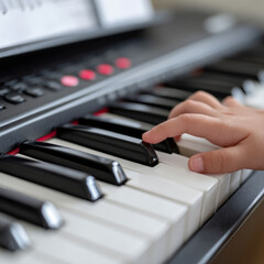 Child's hand playing piano keys with focus on fingers.