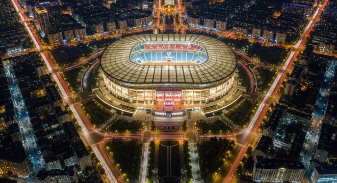 Illuminated stadium against a nighttime urban landscape with vibrant car trails