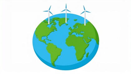 Naklejka premium Planet Earth with wind turbines on top, a concept for sustainable power, clean electricity, and global environmental care.
