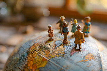 Miniature travelers exploring a vintage globe surrounded by a cozy indoor setting during daylight