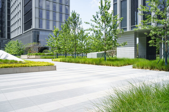 empty brick ground with modern building