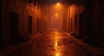 Mysterious alleyway illuminated by warm streetlights, evoking noir atmosphere and suspense