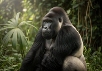 Obraz premium Majestic Silverback Gorilla in Lush Green Jungle, Portrait, Wildlife Photography.