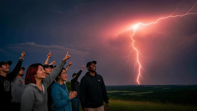 Bright red sprite lightning illuminates stormy sky as storm chasers celebrate from hilltop