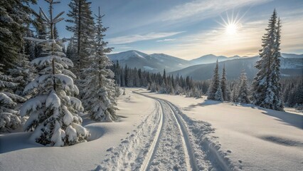 A set of ski tracks carve through fresh powder in a dense pine forest. Snow clings to the branches, and the sun creates sparkling reflections off the icy surface