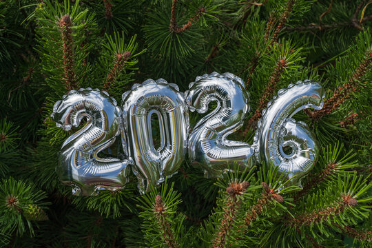 Silver 2026 balloons in a festive pine tree background