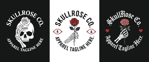 Skullrose Co skeleton hand holding rose gothic vintage emblem logo streetwear tattoo style t shirt design illustration