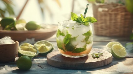 Fototapeta premium Refreshing drink with ice and mint served on a wooden table with lime slices and a straw, offering a cool and tasty craft beverage.