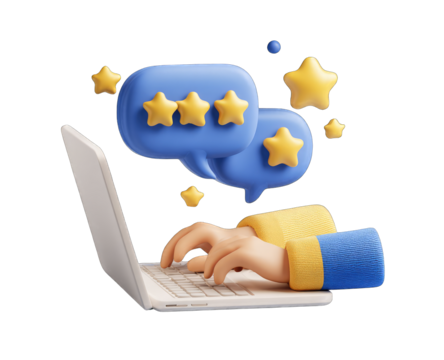 Cartoon hands typing on a laptop with positive feedback bubbles and stars