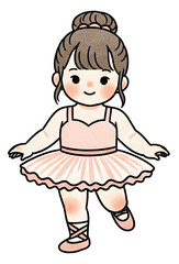 Obraz premium A cute illustration of a young ballerina wearing a pink tutu, showcasing a joyful pose and a playful expression.