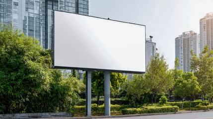 Fototapeta premium Blank Billboard Mockup on City Street with Modern Buildings and Greenery for Advertising Campaign
