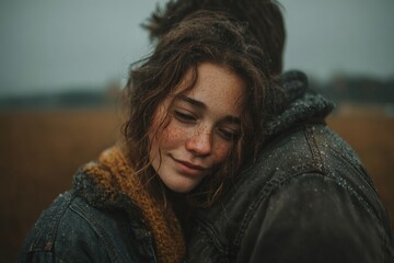 Obraz premium Couple finding comfort and warmth in a snowy field, embracing each other